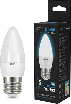 Лампа Gauss Свеча 6.5W 550lm 6500К E27 LED / 103102307