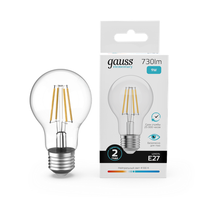 Лампа Gauss Filament Elementary А60 9W 730lm 4100К Е27 LED / 22229