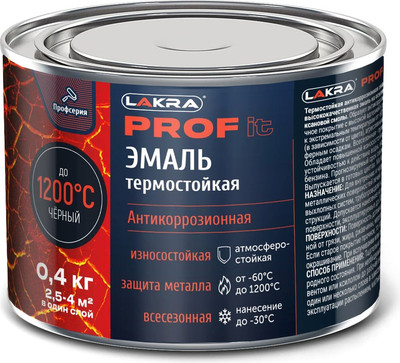 Эмаль Лакра Термостойкая антикоррозионная Prof It до 1200С (400г, черный)