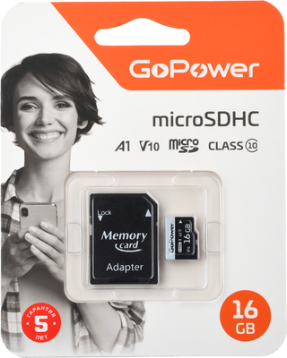 Карта памяти GoPower microSD GoPower 16GB Class10 / 00-00025674 (с адаптером)