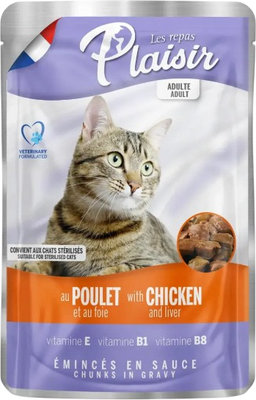 Влажный корм для кошек Plaisir с курицей и печенью в соусе (100г)