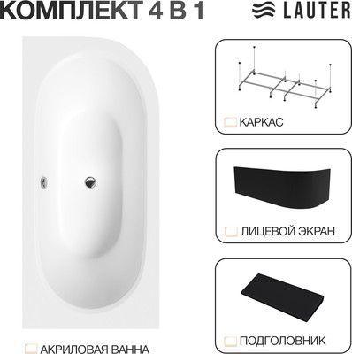 Ванна акриловая Lauter Bliss 150 L / 21201051L (с каркасом/черный подголовн./черный лицевой экран)