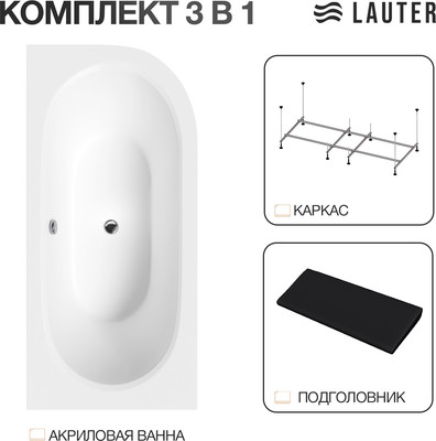 Ванна акриловая Lauter Bliss 160 L / 21201061L (с каркасом и черным подголовником)