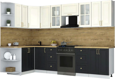 Кухонный гарнитур Интерлиния Мила Шато 1.5x3.0 LV (белый/черный/дуб бунратти)