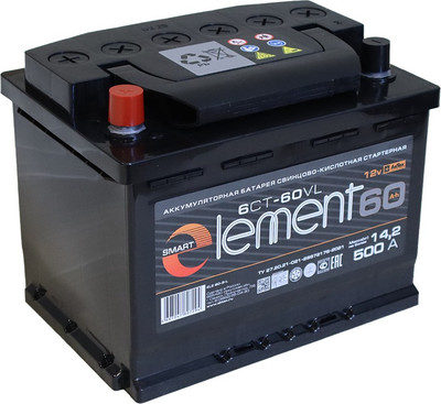 Автомобильный аккумулятор Smart Element 6СТ-60 Рус 500А / ELE 60-З-L (60 А/ч)
