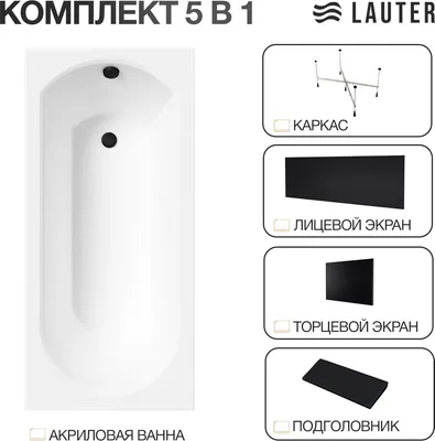 Ванна акриловая Lauter Haven 150 / 21202005 (с каркасом, черным подголов, черным лиц и торц экранам)
