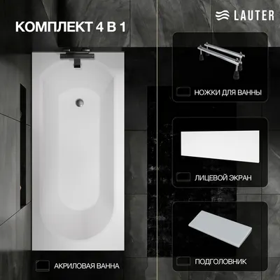 Ванна акриловая Lauter Haven 170 / 21202007 (с ножками, серым подголовником и белым лицевым экраном)