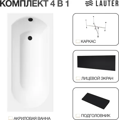 Ванна акриловая Lauter Haven 150 / 21202005 (с каркасом, черным подголовником и черным лиц. экраном)