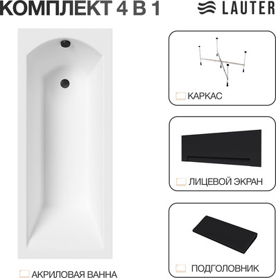 Ванна акриловая Lauter Amelia 150 / 21204050 (с каркасом, черным подголовником, черным лиц.экраном)