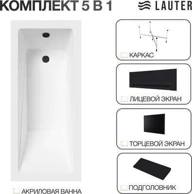 Ванна акриловая Lauter Estelle 170 / 21206070 (с каркасом,черным подголов.,черным лиц. и торц.экраном)