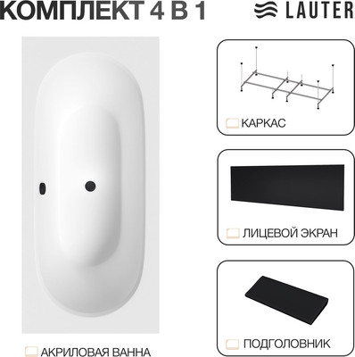 Ванна акриловая Lauter Ava 150 / 21208050 (с каркасом, черным подголовником, черным лиц. экраном)