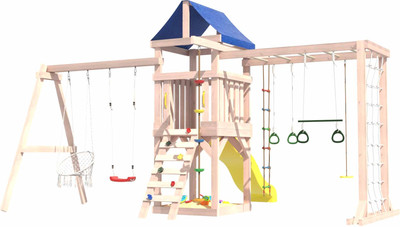 Игровой комплекс National Tree Company Fun Land для улицы/дачи с сеткой, рукоходом и качелями / ДНПМ-11 (не окрашен)