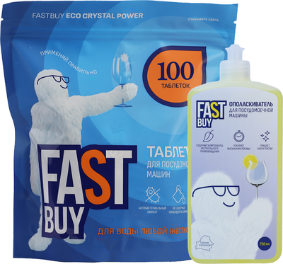 Набор для посудомоечных машин FASTBUY Таблетки ECO Crystal Power Dish 100шт+Ополаскиватель Rinse 750мл