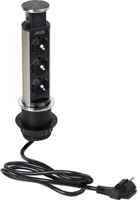 Блок розеточный AKS выдвижной Vulcan (3 розетки, шлифованная сталь)