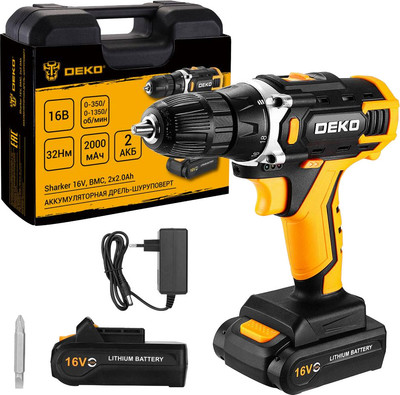 Аккумуляторная дрель-шуруповерт Deko Sharker 16V в кейсе / 083-1108