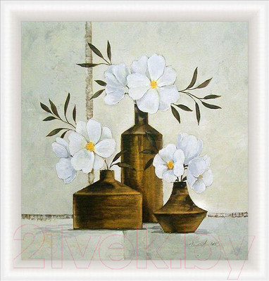 Картина Декарт Белые цветы в коричневых вазах 2 8Л1473 (в раме)