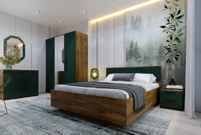 Комплект мебели для спальни Мебель-КМК Монтале 1 КМК 1036 (дуб канзас/SAT 22 зеленый мат)