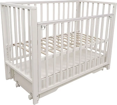 Детская кроватка INDIGO Norden универсальный маятник+колеса, ящик (массив березы, белый)