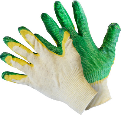 Перчатки защитные No Brand Вязаные ХБ с двойным латексным покрытием / 20145 (10пар, белый/зелено-желтый)