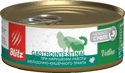 Влажный ветеринарный корм для кошек Blitz Pets Cat Vetline Gastrointestinal с индейкой / 4116В (100г)