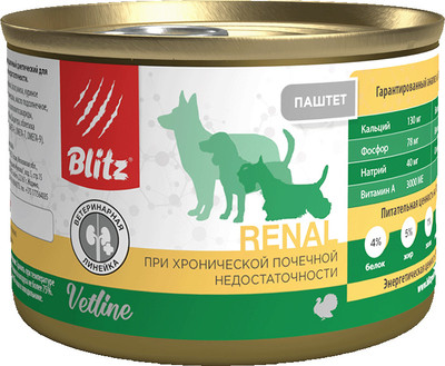 Влажный ветеринарный корм для собак Blitz Pets Dog Vetline Renal с индейкой / 4120В (200г)