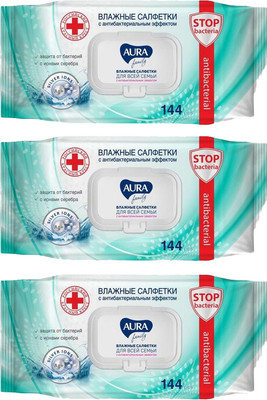 Влажные салфетки Aura Family для всей семьи с антибактериальным эффектом (3x144шт)