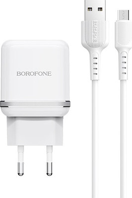 Зарядное устройство сетевое Borofone BA25A 2хUSB-А 2.4А + кабель AM-microBM (1м, белый)