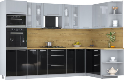Кухонный гарнитур Интерлиния Мила Пластик 1.68x3.0 PR (туманный глянец/черный глянец/дуб бунратти)