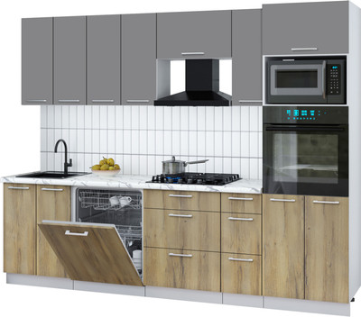 Кухонный гарнитур Интерлиния Мила Gloss 2.7-ПМ1 (дуб вотан/серый/белый гранит)