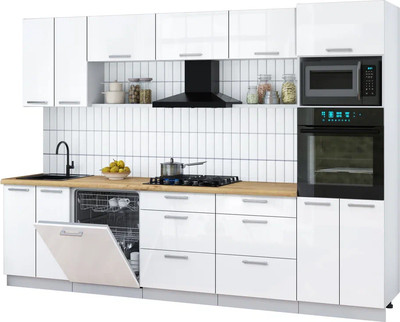 Кухонный гарнитур Интерлиния Мила Gloss 3.0-ПМ1 (белый глянец/белый глянец/дуб бунратти)