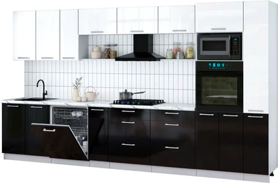 Кухонный гарнитур Interline Мила Gloss 3.8-ПМ1 (черный глянец/белый глянец/белый гранит)