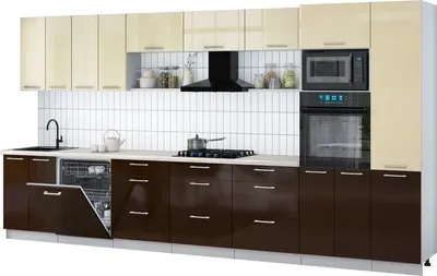 Кухонный гарнитур Интерлиния Мила Gloss 4.0-ПМ1 (шоколад глянец/ваниль глянец/травертин серый)