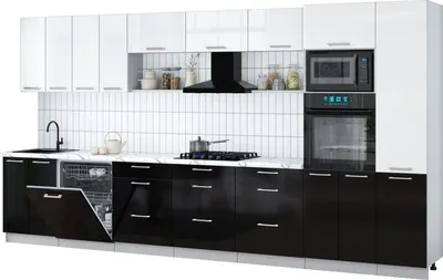 Кухонный гарнитур Интерлиния Мила Gloss 4.0-ПМ1 (черный глянец/белый глянец/белый гранит)