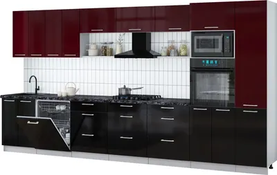 Кухонный гарнитур Интерлиния Мила Gloss 4.0-ПМ1 (черный глянец/бордовый глянец/кастилло темный)