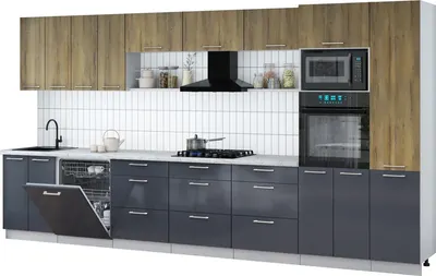 Кухонный гарнитур Интерлиния Мила Gloss 4.0-ПМ1 (асфальт глянец/дуб вотан/серый каспий)