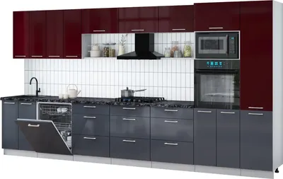 Кухонный гарнитур Интерлиния Мила Gloss 4.0-ПМ1 (асфальт глянец/бордовый глянец/кастилло темный)