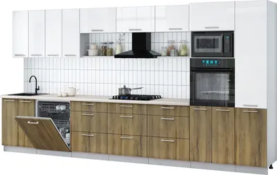 Кухонный гарнитур Интерлиния Мила Gloss 4.0-ПМ1 (дуб вотан/белый глянец/травертин серый)