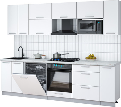 Кухонный гарнитур Интерлиния Мила Gloss 2.7-ПМ2 (белый/белый/серый каспий)