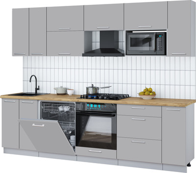 Кухонный гарнитур Интерлиния Мила Gloss 2.7-ПМ2 (грей/грей/дуб бунратти)