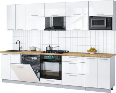 Кухонный гарнитур Интерлиния Мила Gloss 3.0-ПМ2 (белый глянец/белый глянец/дуб бунратти)