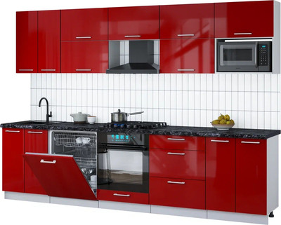 Кухонный гарнитур Интерлиния Мила Gloss 3.0-ПМ2 (красный глянец/красный глянец/кастилло темный)