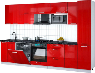 Кухонный гарнитур Интерлиния Мила Gloss 3.2-ПМ2 (красный глянец/красный глянец/кастилло темный)