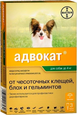Капли от паразитов Elanco Адвокат для собак до 4кг (3шт)