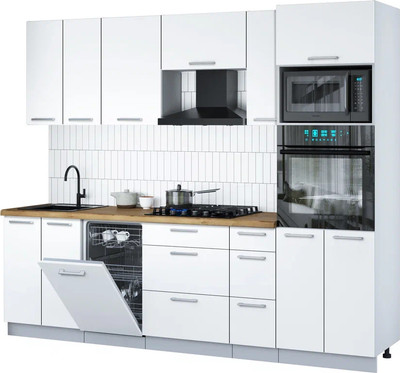 Кухонный гарнитур Интерлиния Мила Gloss 2.55-ПМ3 (белый/белый/дуб бунратти)