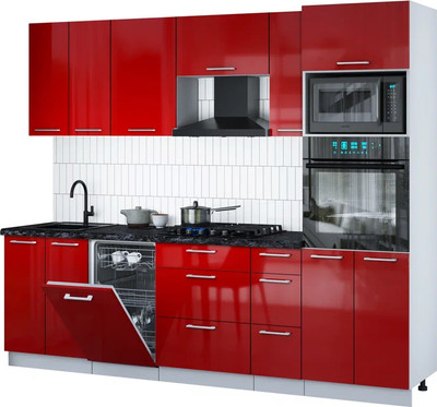 Кухонный гарнитур Интерлиния Мила Gloss 2.55-ПМ3 (красный глянец/красный глянец/кастилло темный)
