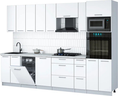 Кухонный гарнитур Интерлиния Мила Gloss 3.0-ПМ3 (белый/белый/серый каспий)