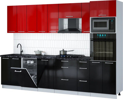 Кухонный гарнитур Интерлиния Мила Gloss 3.0-ПМ3 (черный глянец/красный глянец/кастилло темный)