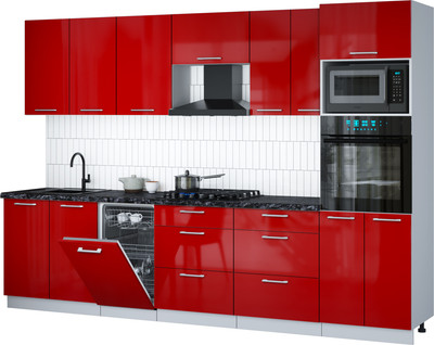 Кухонный гарнитур Интерлиния Мила Gloss 3.05-ПМ3 (красный глянец/красный глянец/кастилло темный)