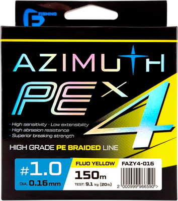 Леска плетеная F-Fishing Azimuth PE X4 150м Fluo Yellow / FAZY4-016 (0.16мм)