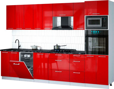 Кухонный гарнитур Интерлиния Мила Gloss 3.1-ПМ3 (красный глянец/красный глянец/кастилло темный)